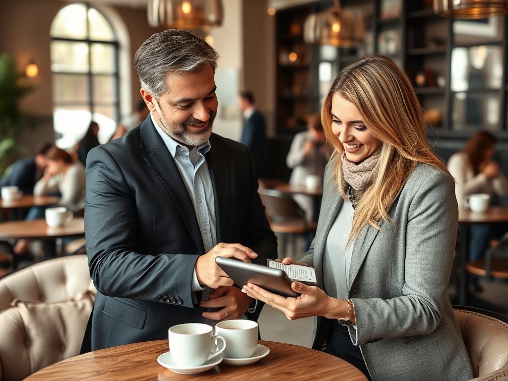 Как проверить застройщика перед покупкой Два человека в кафе обсуждают информацию на планшете, наслаждаясь кофе. Вокруг уютная атмосфера.