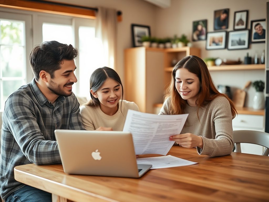 Как проверить правоустанавливающие документы на жильё Трое молодых людей обсуждают документы за столом, рядом с ноутбуком, в светлом интерьере.