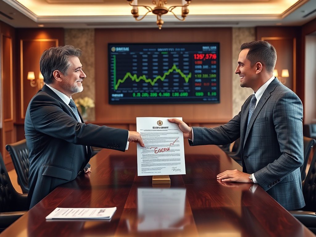 Что такое эскроу счета и как они работают Два деловых человека обмениваются документом на фоне финансовых графиков в офисе.