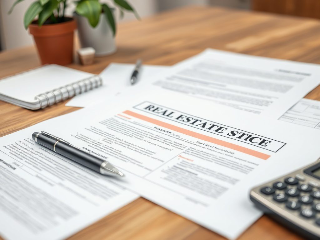 Как проверить правоустанавливающие документы на жильё На столе лежат документы по недвижимости, ручка, калькулятор и блокнот с растением на заднем плане.