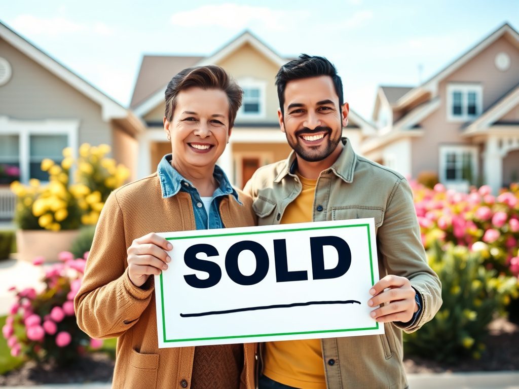 Как выбрать ипотеку при доходах от дивидендов и купонов Два человека улыбаются и держат знак "PRODANO" на фоне домов и цветущих растений.