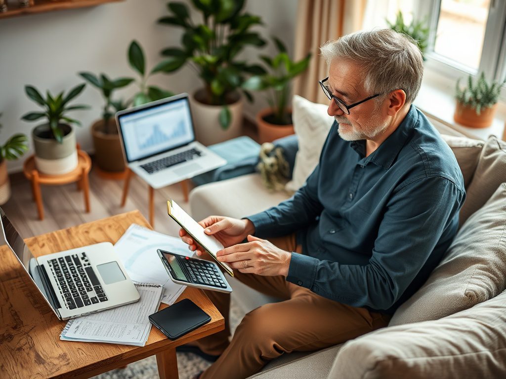 Как выбрать ипотеку при наличии нерегулярных доходов из разных источников На картинке взрослый мужчина с ноутбуком и калькулятором, работающий в уютной домашней обстановке.