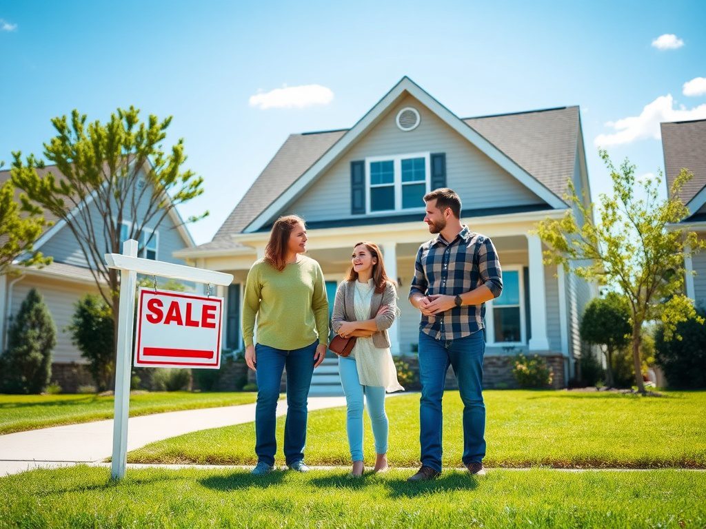 Как выбрать ипотеку при наличии нерегулярных доходов из разных источников На фоне дома три человека обсуждают покупку недвижимости, рядом стоит знак "Продается".