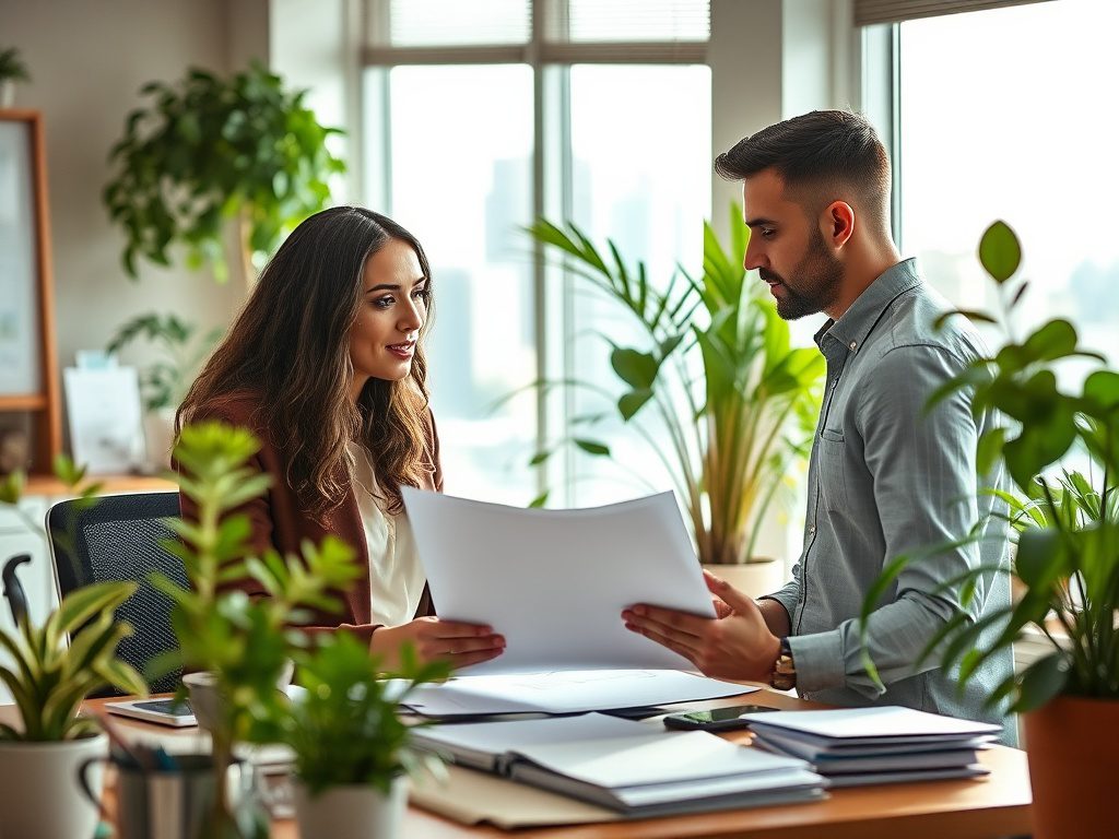 Как проверить застройщика перед покупкой Два человека обсуждают документы в офисе, окружённом растениями, сидя за столом с бумагами.