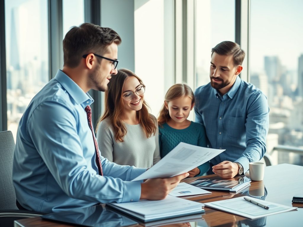 Как выбрать ипотеку при одновременном погашении других кредитов На встрече обсуждают документы семья и консультант в офисе с городской панорамой на фоне.