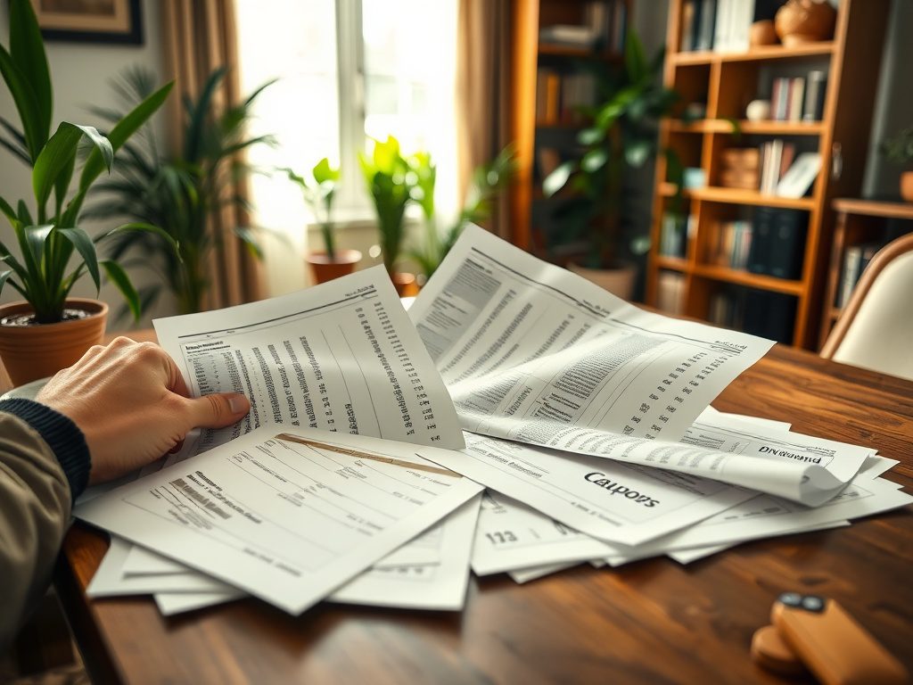 Как выбрать ипотеку при доходах от дивидендов и купонов На столе лежат документы и бумаги, несколько листов держит рука, вокруг зелёные растения и книжный шкаф.