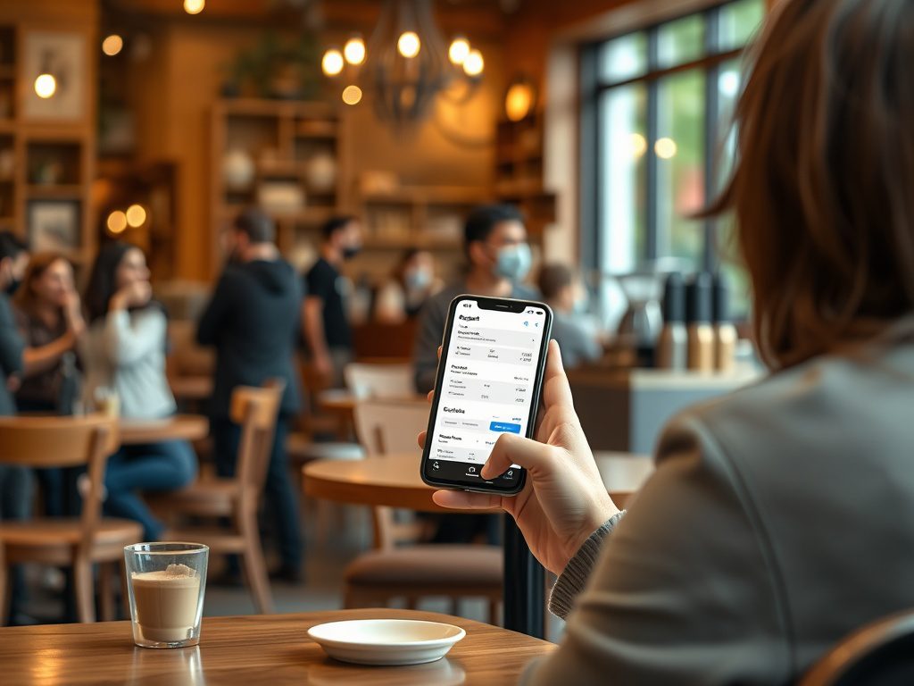 Как выбрать ипотеку при одновременном погашении других кредитов Посетитель кафе просматривает приложение на смартфоне, вокруг него гости и бариста. Столик с кофе.